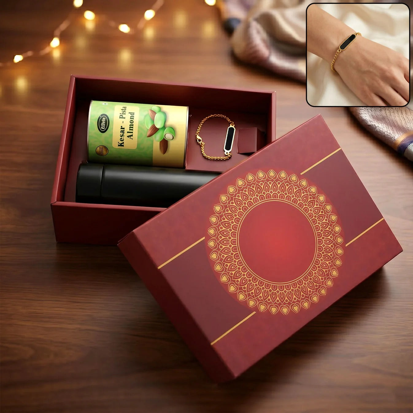 Rakhi – Elegant Customize Premium Gift with Chocolate & Bottle