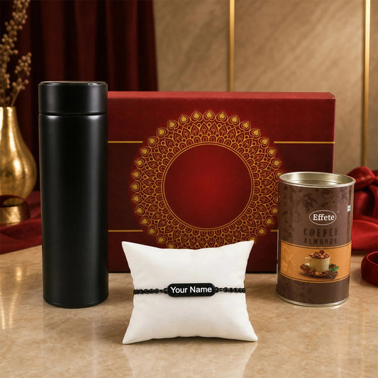 Customize Black Rakhi – Elegant Gift for Brothers with Chocolate & Bottle